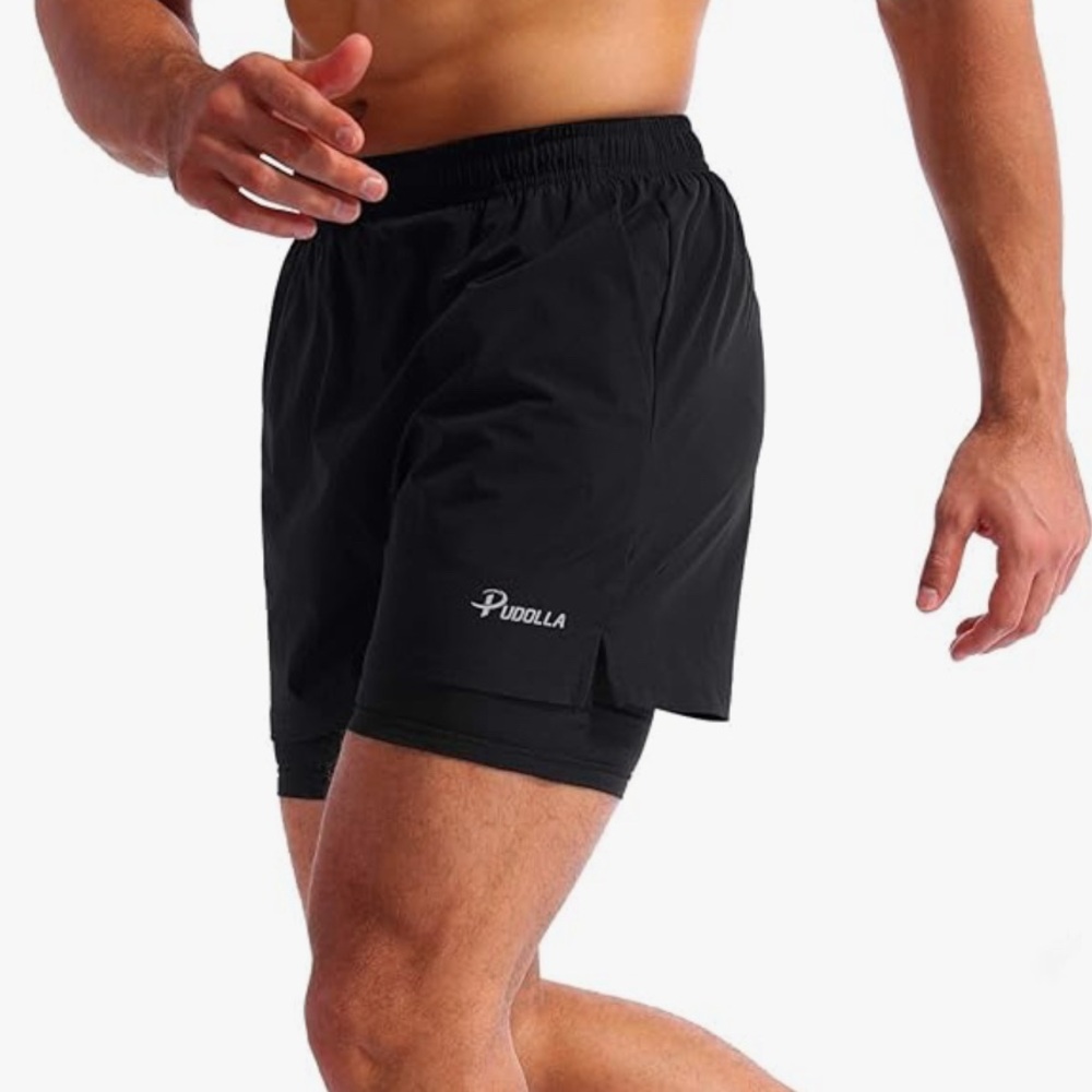 NEW Pudolla Black 2 in 1 Running Shorts 5" Quick Dry Gym Athletic Workout Shorts - Picture 2 of 14
